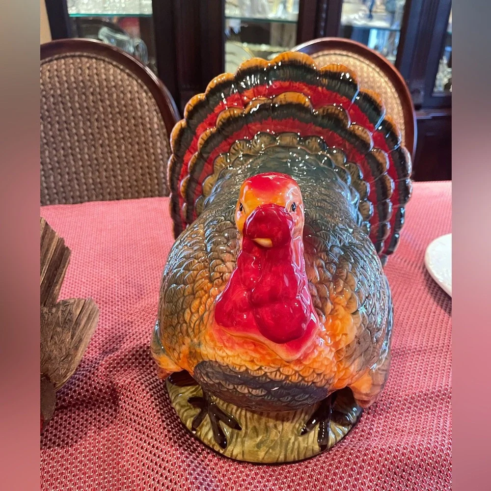 SurLa Table HandPainted Turkey Italy Thanksgiving Center Piece SPECTACULAR 12.5”